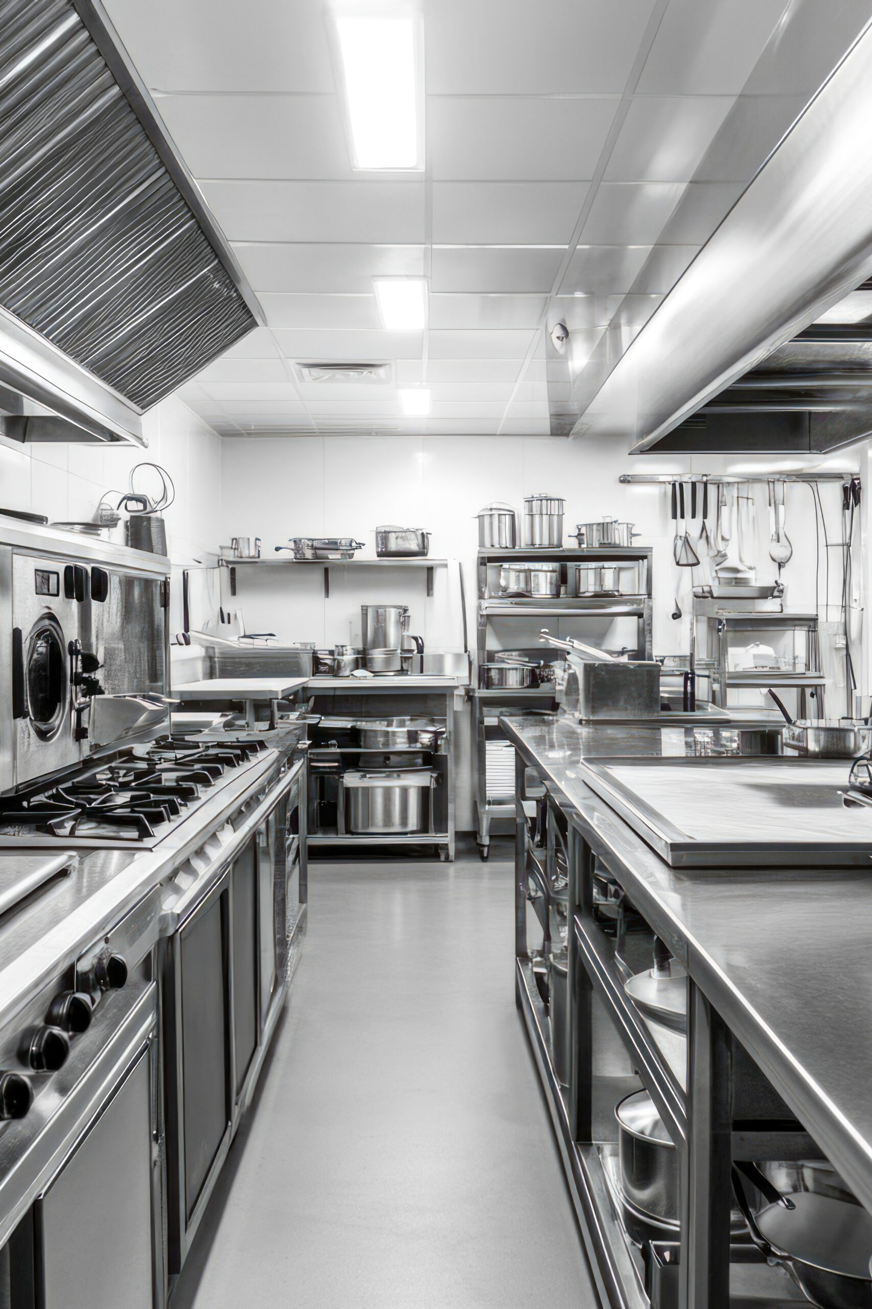 a black and white photograph of a busy commercial kitchen, perfect for use in food related contexts